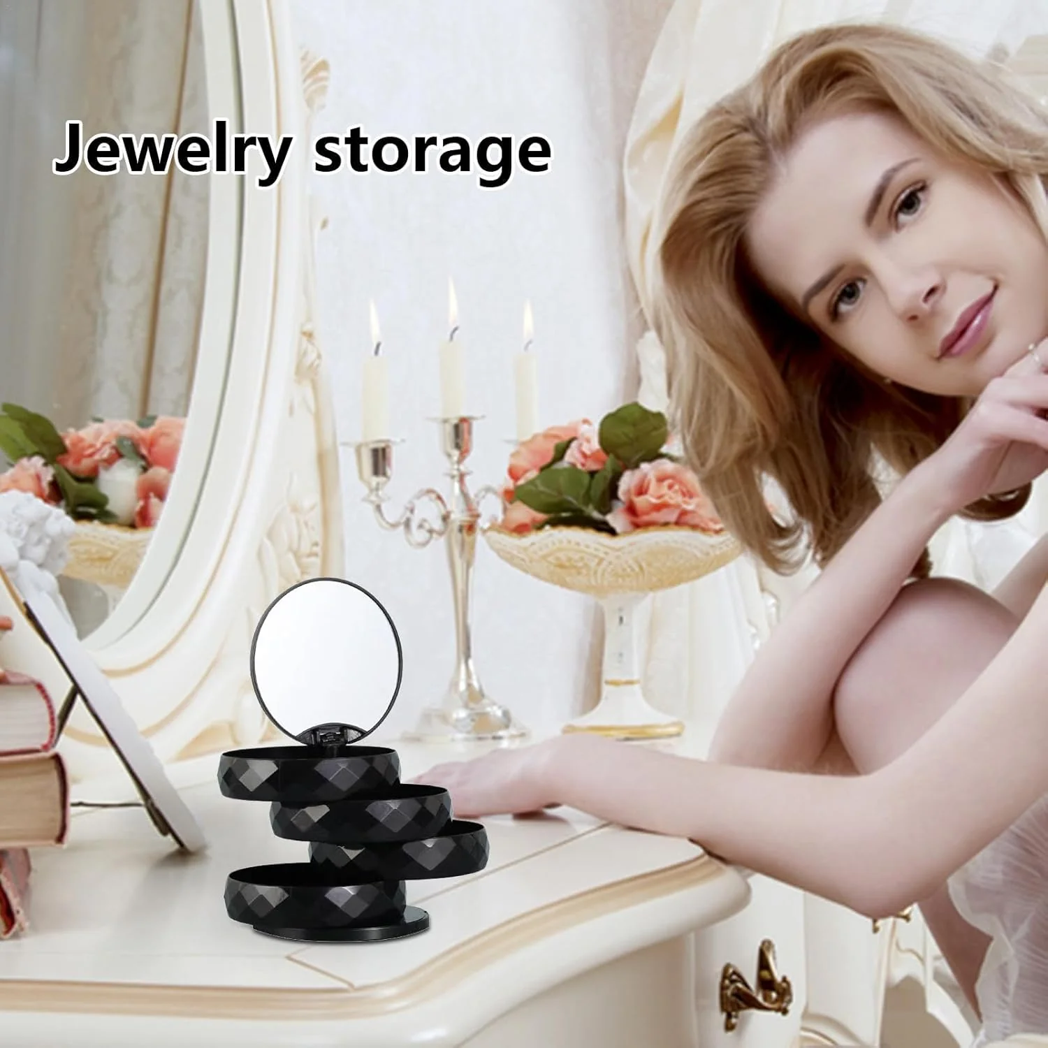 360° Rotatable Jewelry Organizer With Mirror-SA2411-52(Black) - Image 5