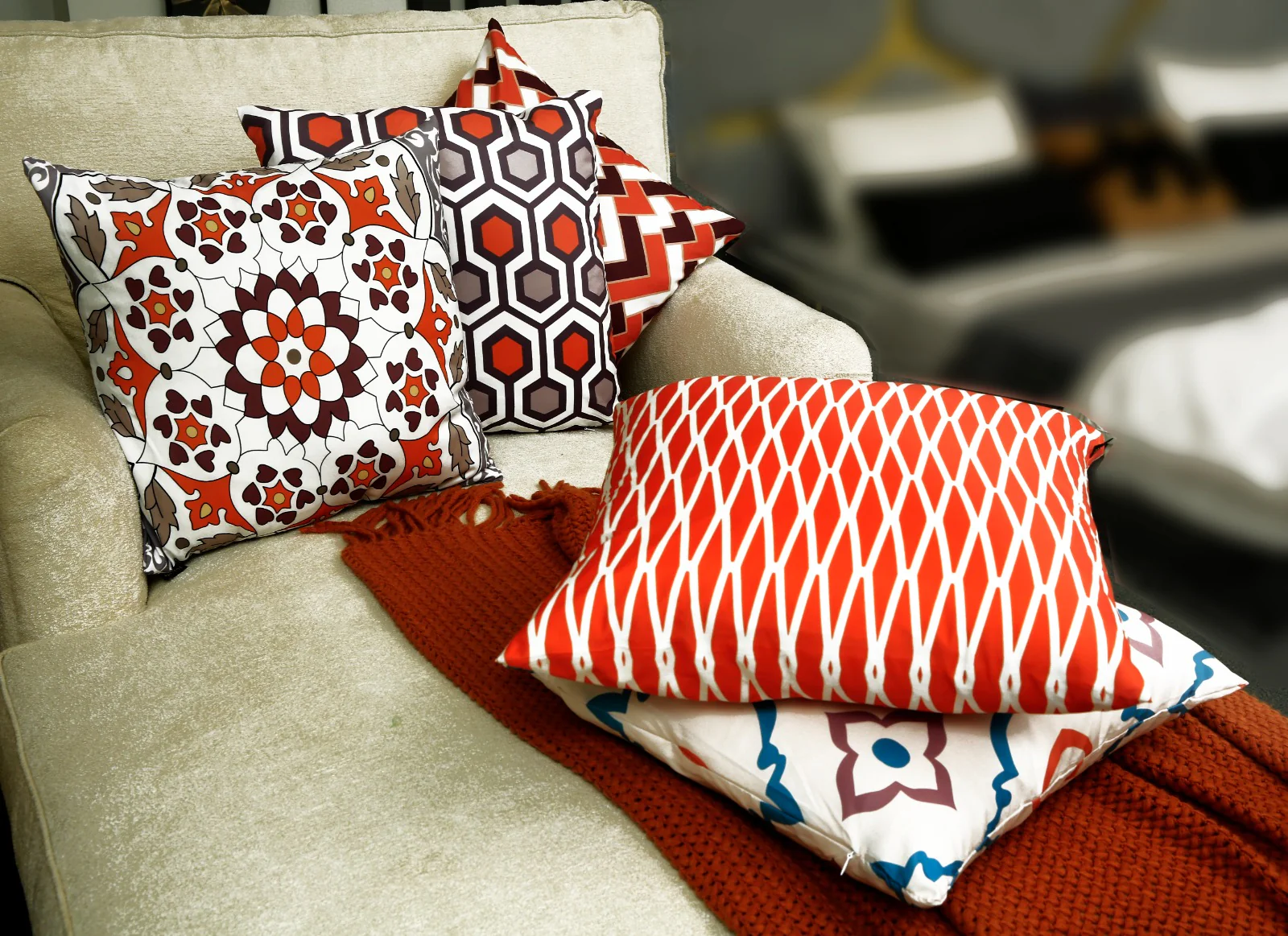 4 PCs Digital Printed Cotton Cushions-Orange Geometric - Image 2