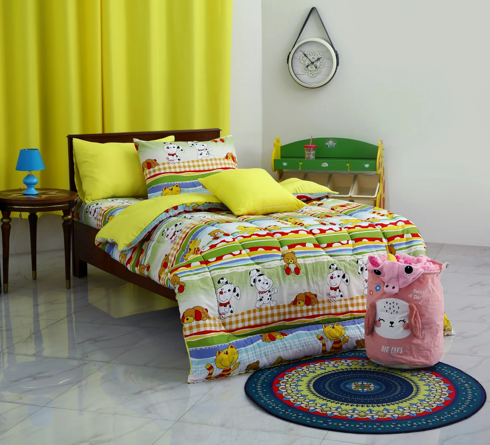 5 PCs Single Razai Set-Puppies Party(With Yellow Reverse) - Image 2