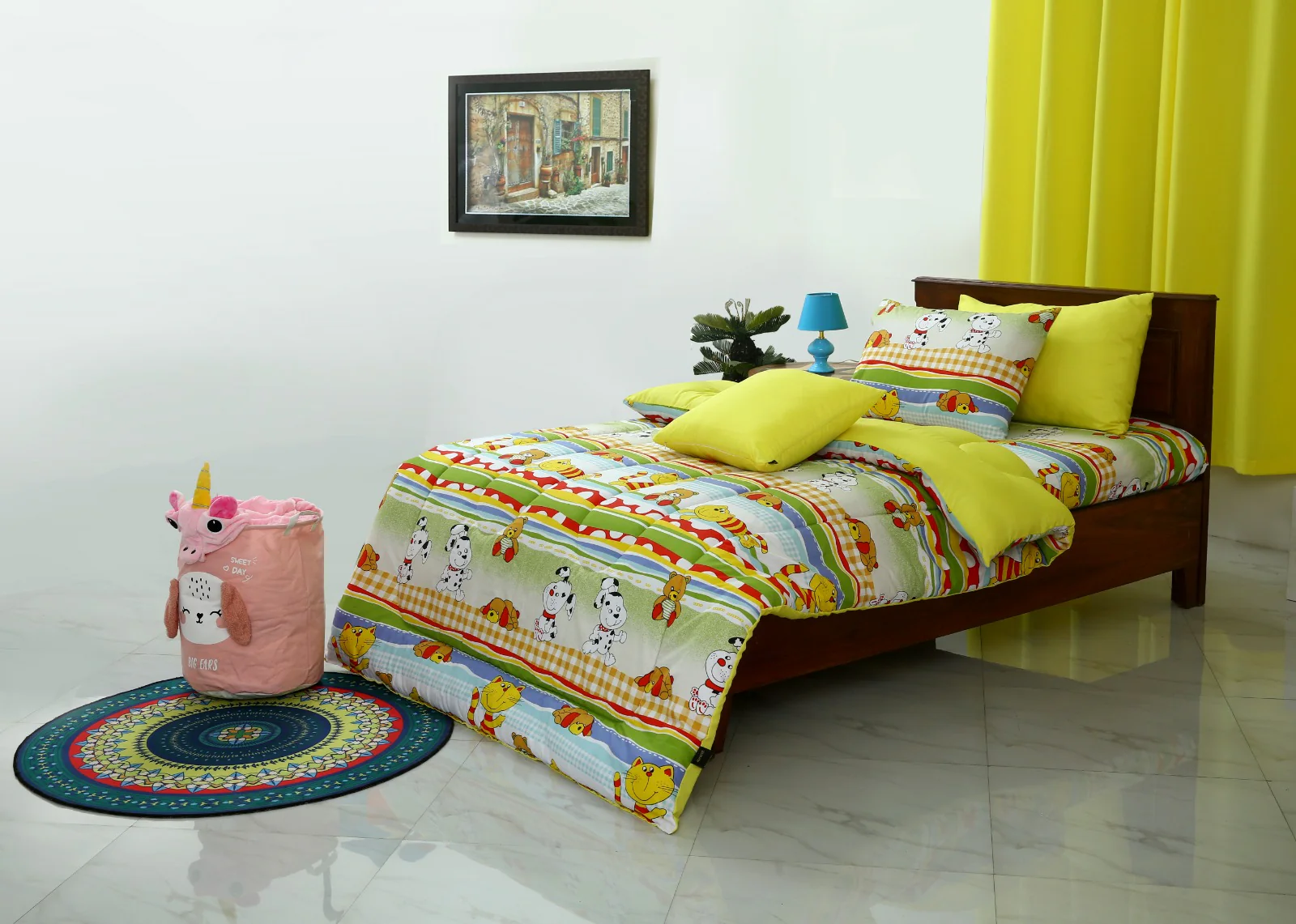 5 PCs Single Razai Set-Puppies Party(With Yellow Reverse) - Image 5