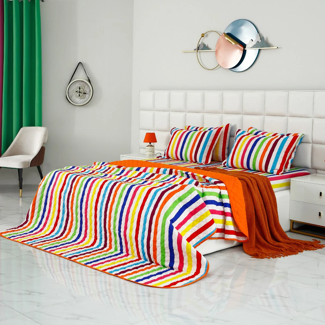 6 PCs Bed Spread Set-Multi Stripe(Orange)