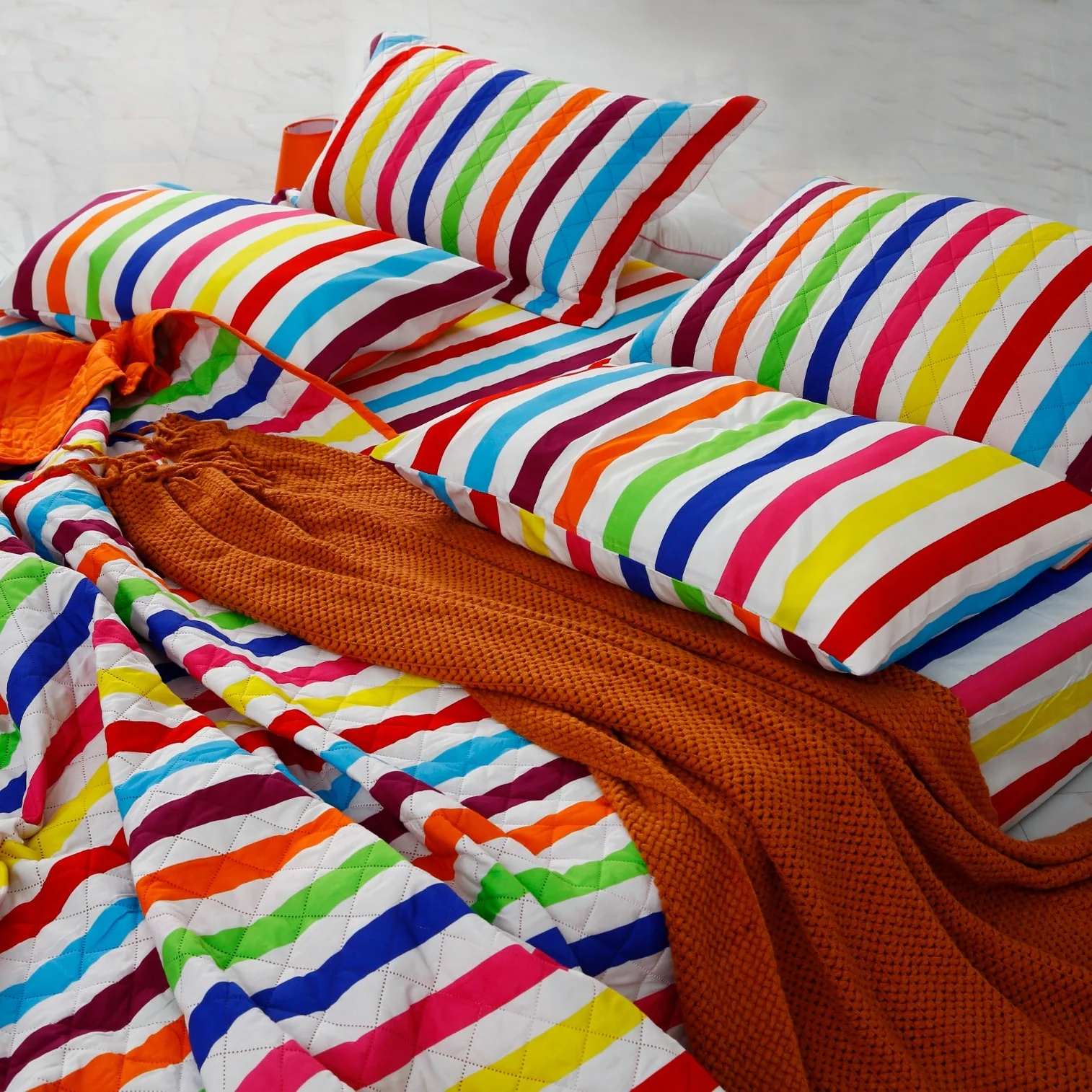 6 PCs Bed Spread Set-Multi Stripe(Orange) - Image 3