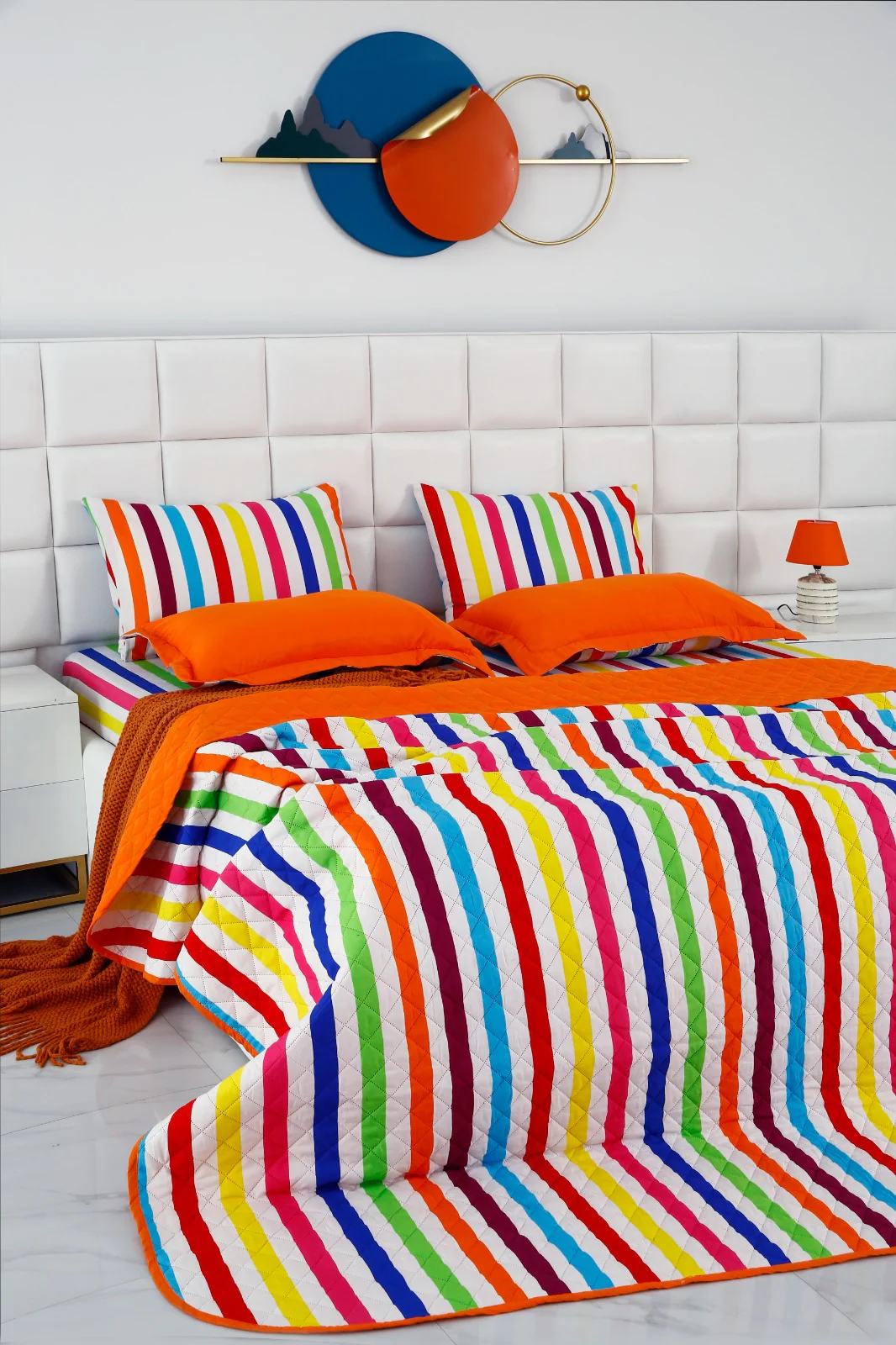 6 PCs Bed Spread Set-Multi Stripe(Orange) - Image 9