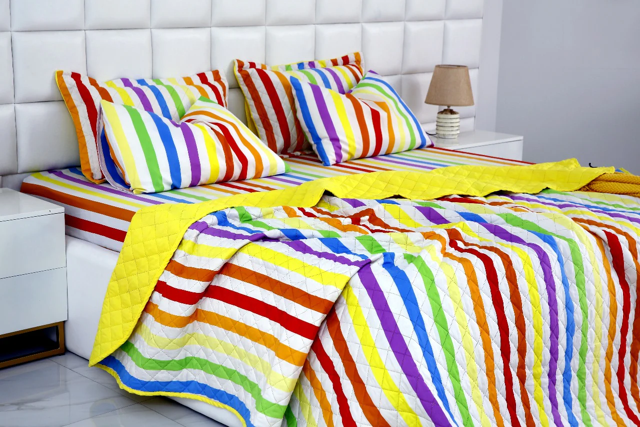 6 PCs Bed Spread Set-Multi Stripe(Yellow) - Image 11