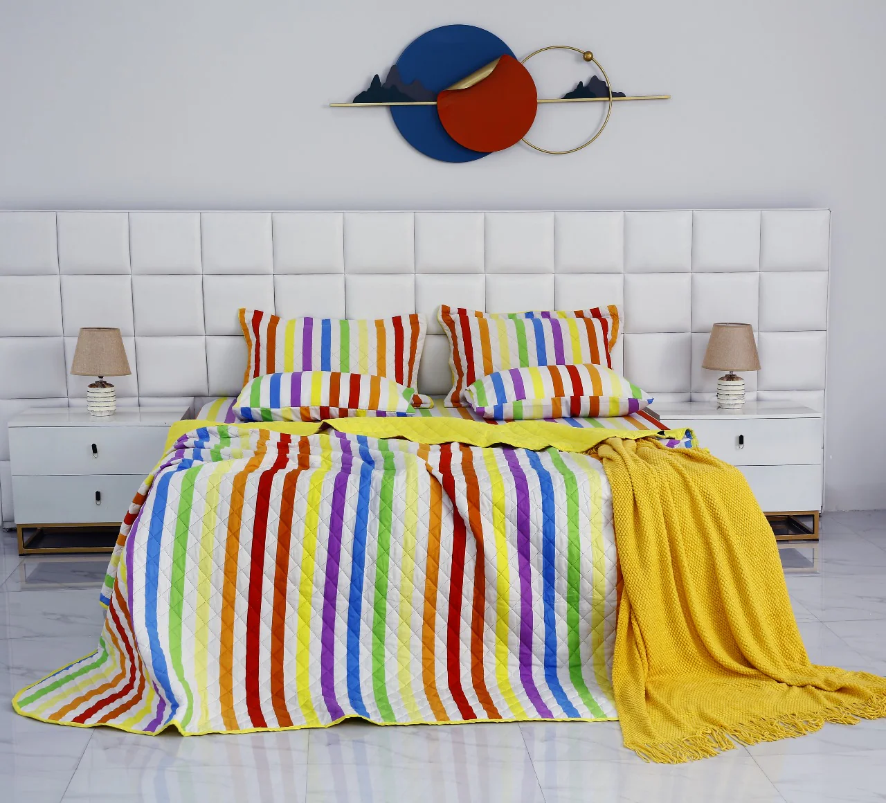 6 PCs Bed Spread Set-Multi Stripe(Yellow) - Image 15