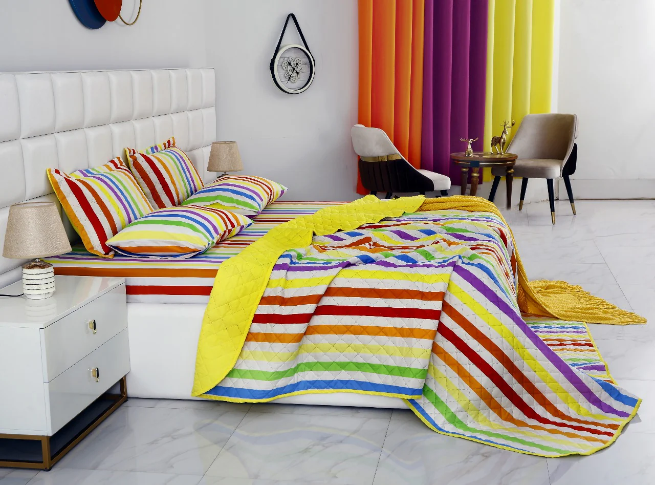 6 PCs Bed Spread Set-Multi Stripe(Yellow) - Image 5
