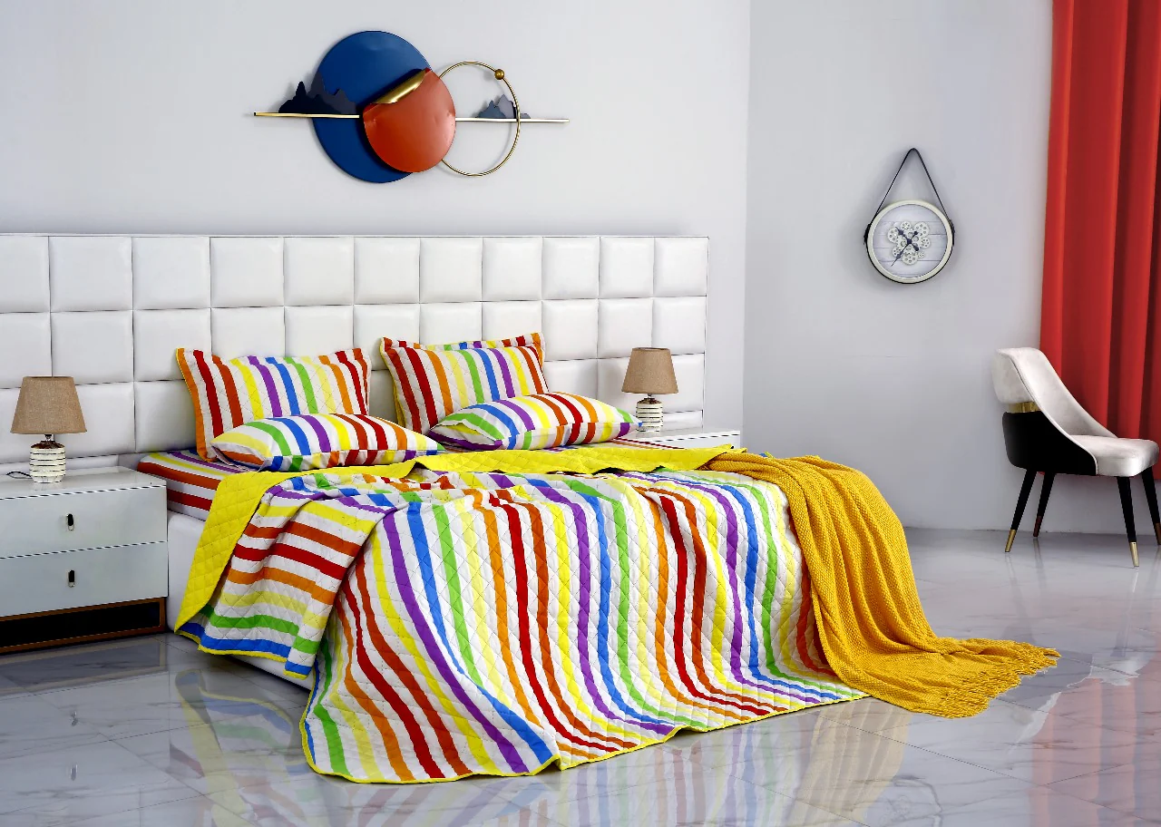 6 PCs Bed Spread Set-Multi Stripe(Yellow) - Image 6