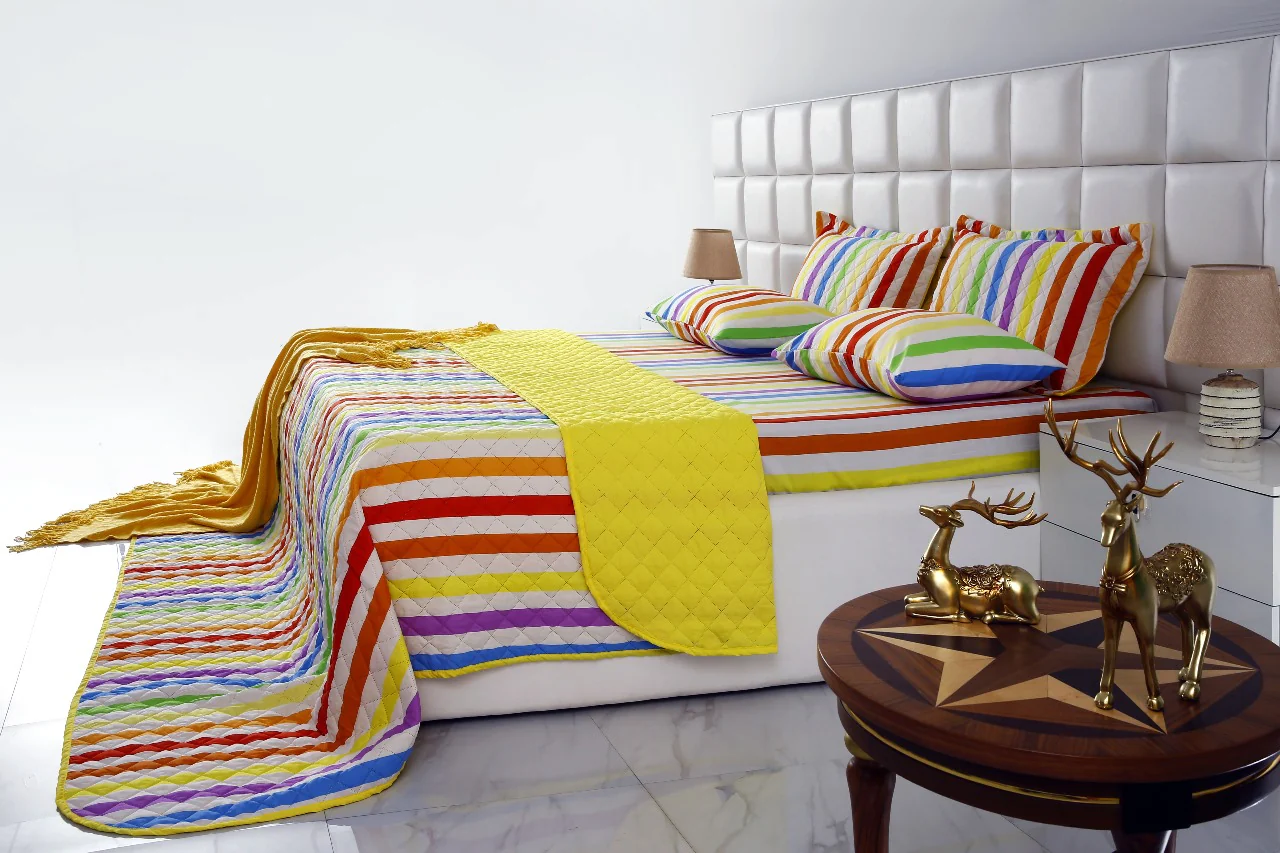 6 PCs Bed Spread Set-Multi Stripe(Yellow) - Image 7