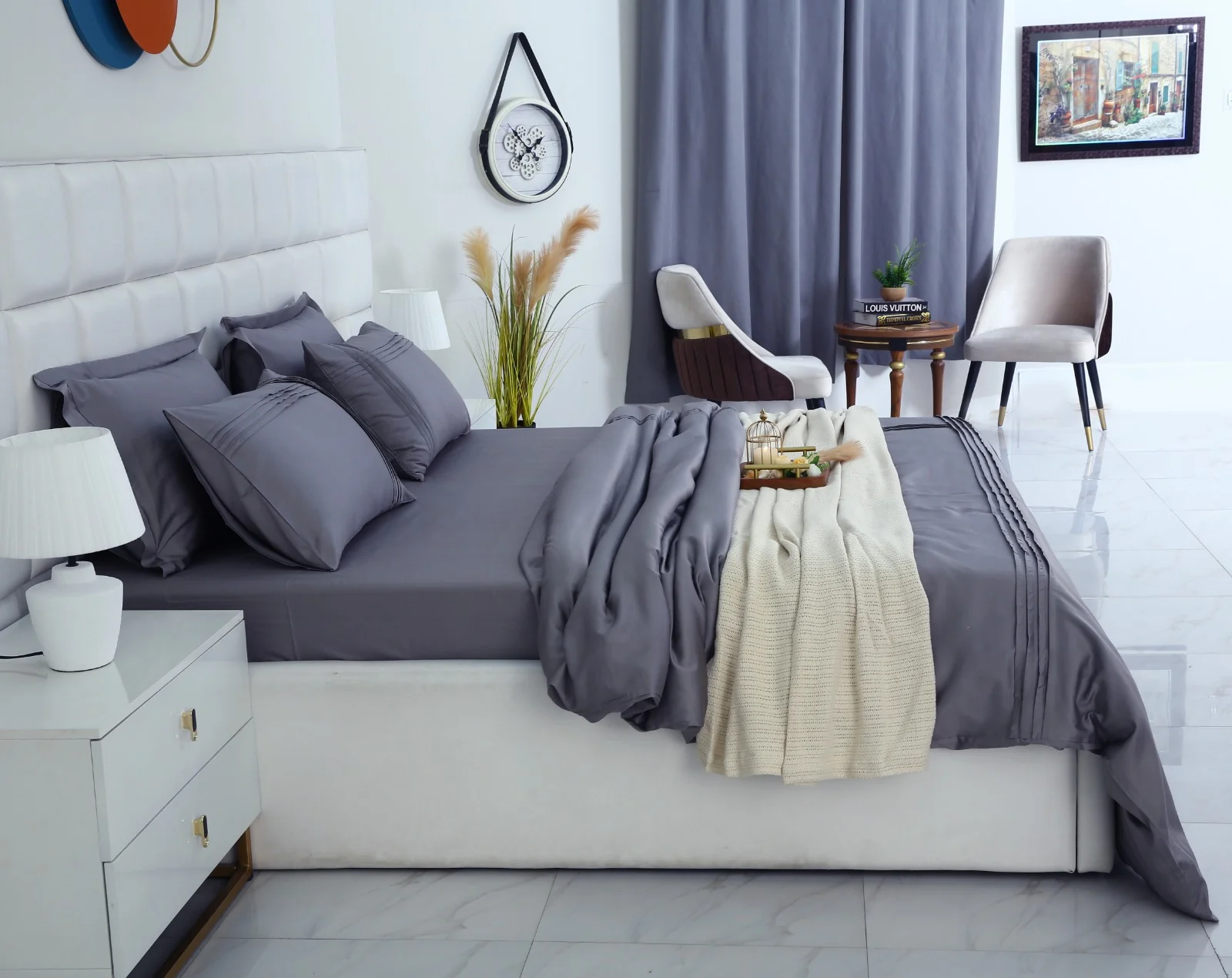 6 PCs Luxury Satin Dyed Duvet Cover Set-Grey - Image 4