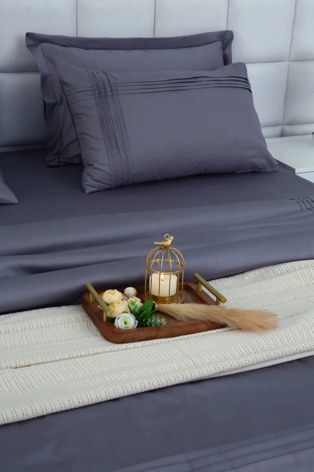 6 PCs Luxury Satin Dyed Duvet Cover Set-Grey - Image 7