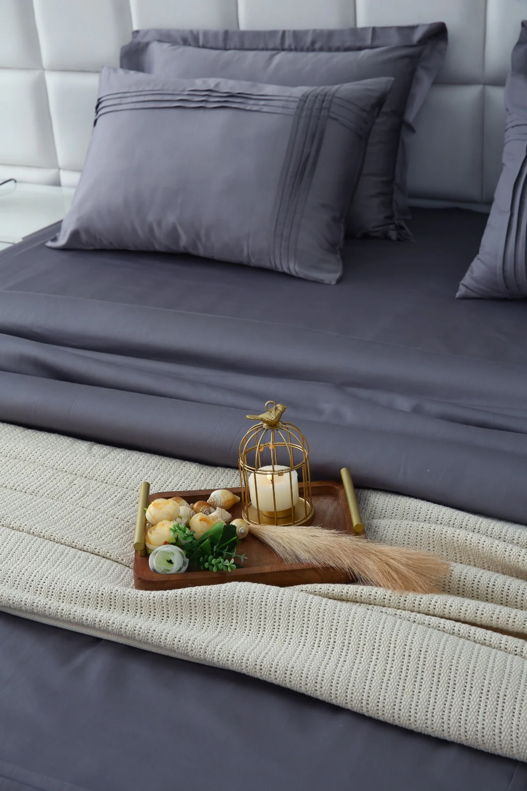 6 PCs Luxury Satin Dyed Duvet Cover Set-Grey - Image 8