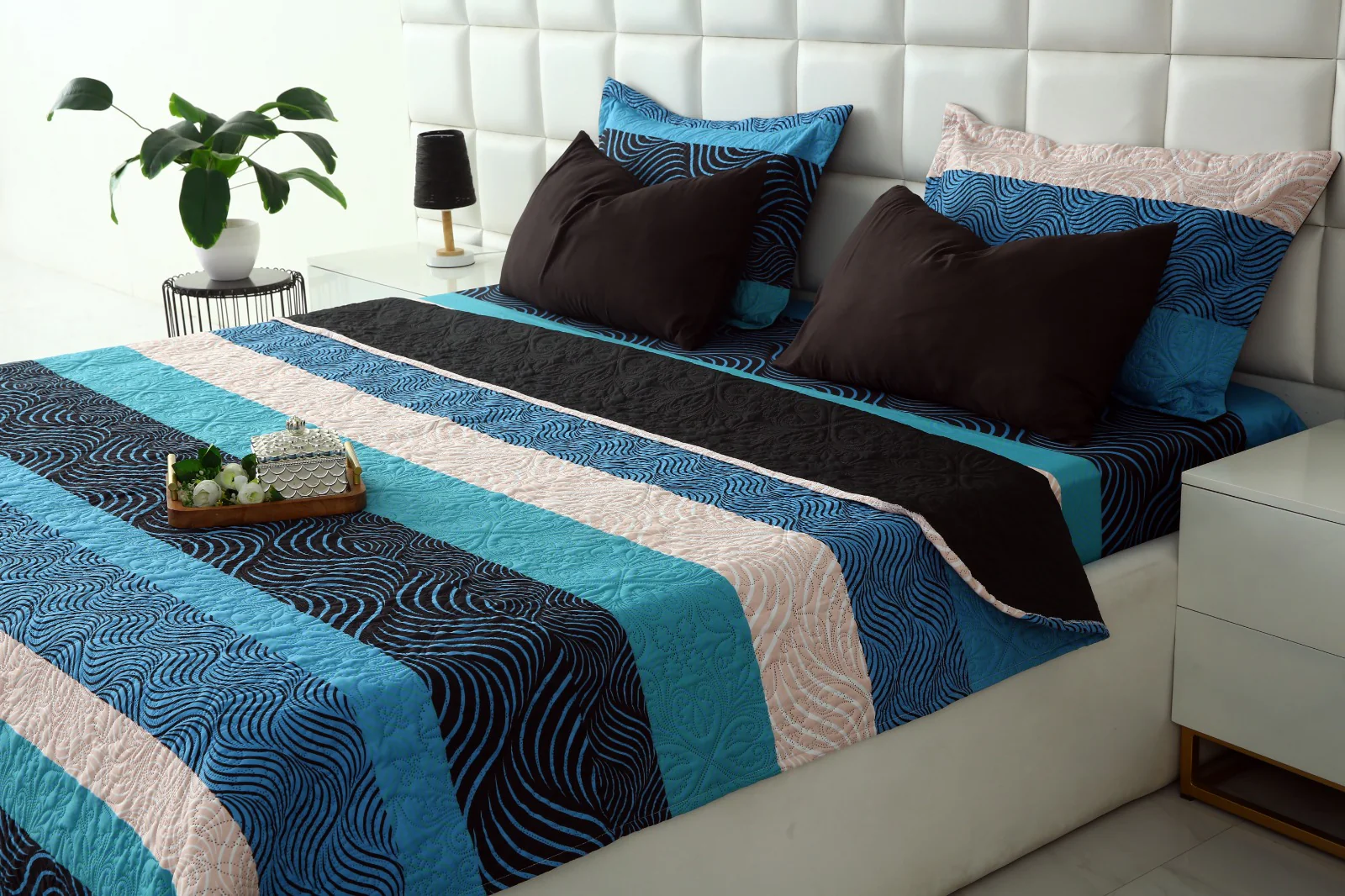 6 PCs Printed Bed Spread Set-Aqua waves - Image 5