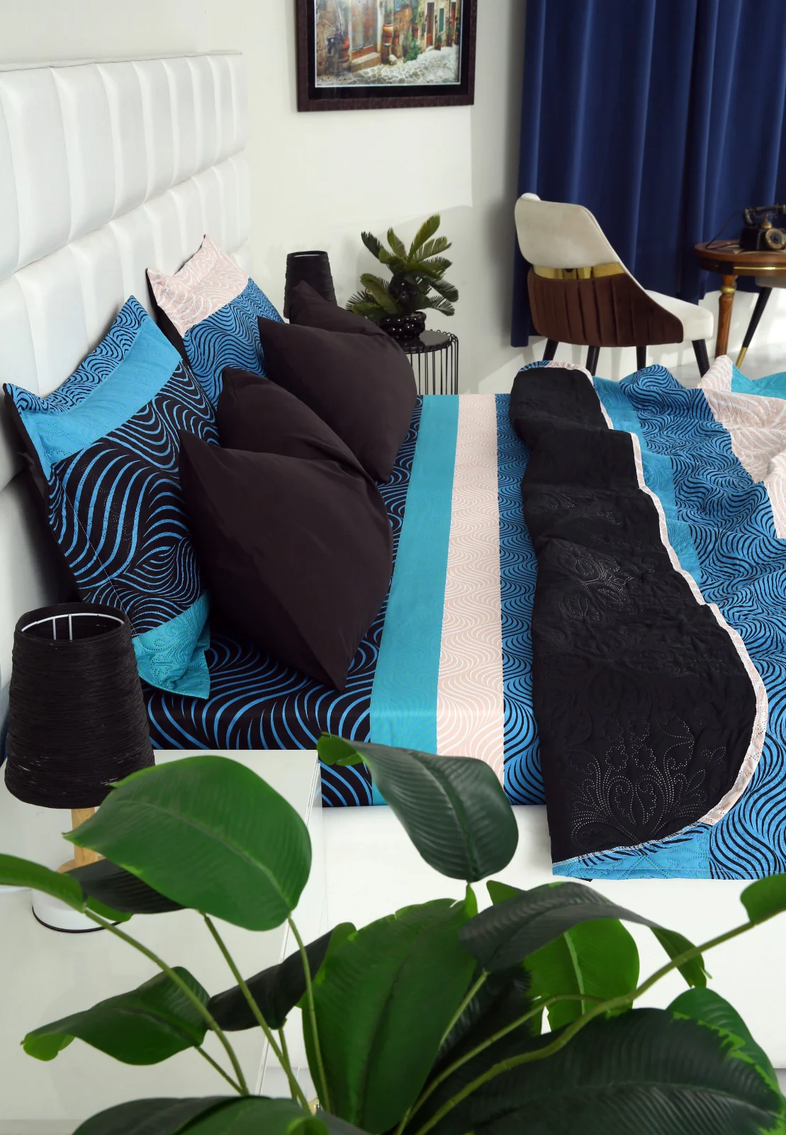 6 PCs Printed Bed Spread Set-Aqua waves - Image 7