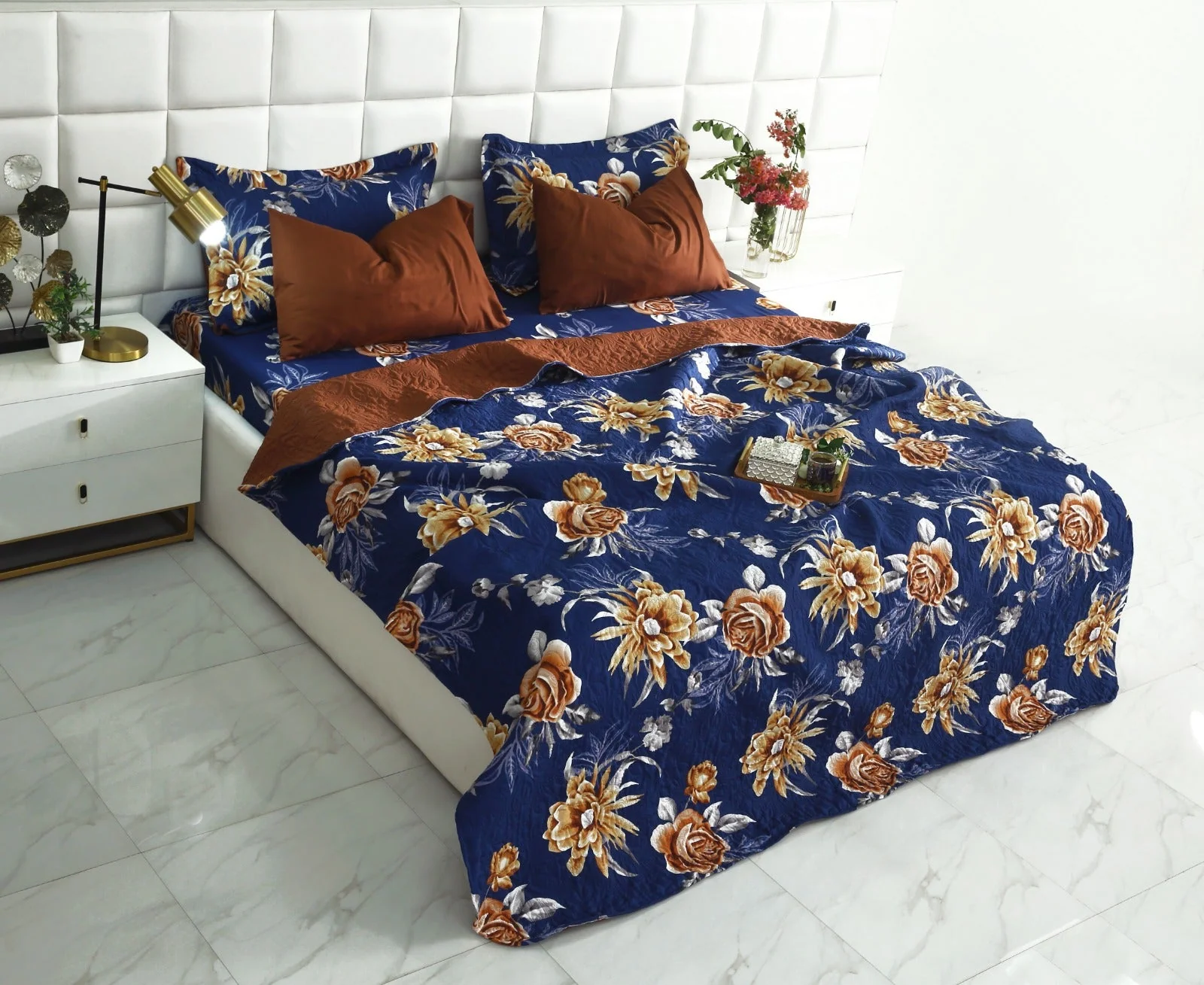 6 PCs Printed Bed Spread Set-Ethnic Flowers