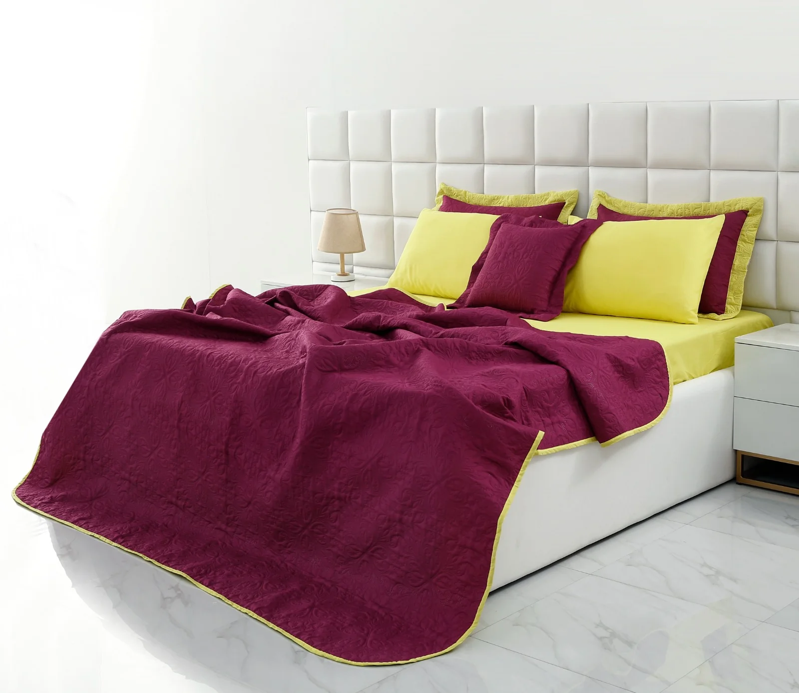 7 PCs Ultrasonic Bed Spread Set-Yellow Over Plum - Image 7