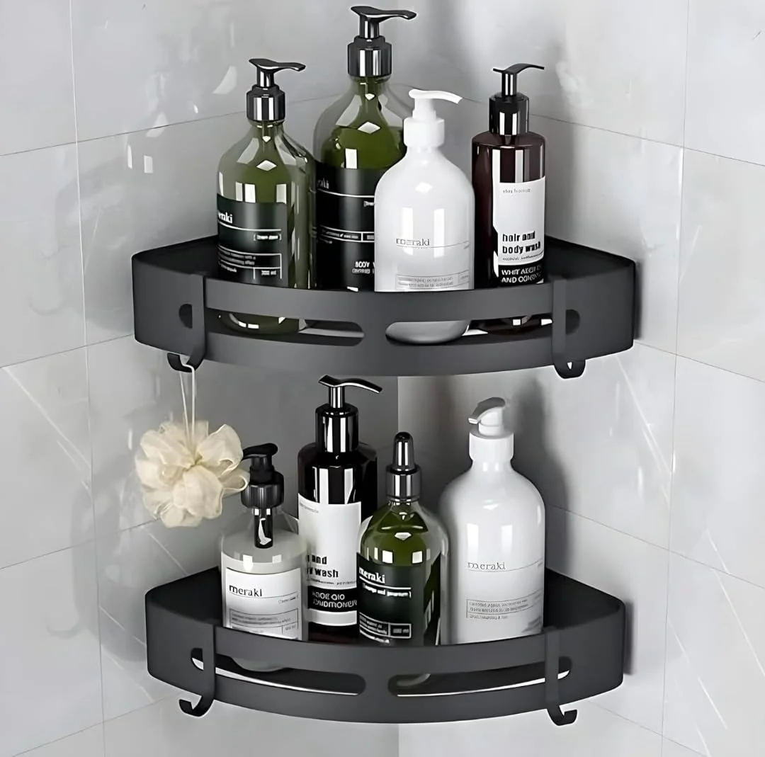 Black Aluminium Corner Bathroom Shelf-SA2408-138 - Image 5