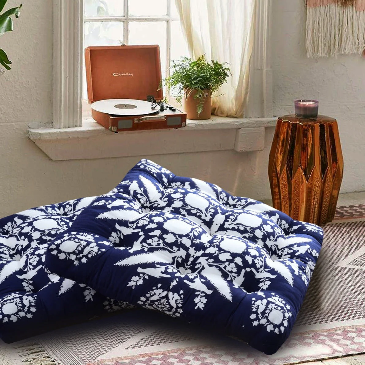 Digital Printed Square Floor Cushions- White Flowers