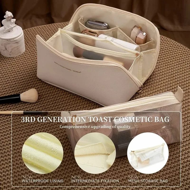 Portable PU Makeup Powder Waterproof Multifunctional Bag-14265Cream(SA2403-21) - Image 15